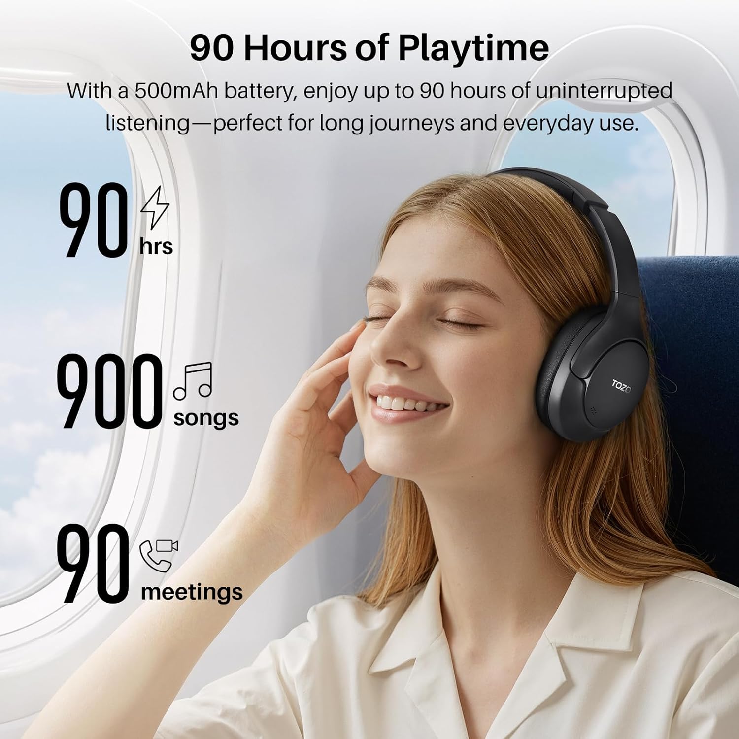 TOZO HT3 Hybrid Noise Cancelling Headphones, 90H Battery Life Wireless Over Ear Bluetooth 6.0 Foldable Headset, AI Voice Assistant with 5 Mics, Connect 2 Devices and Hi-Res Sound, 32 EQ Audio Presets - Image 5