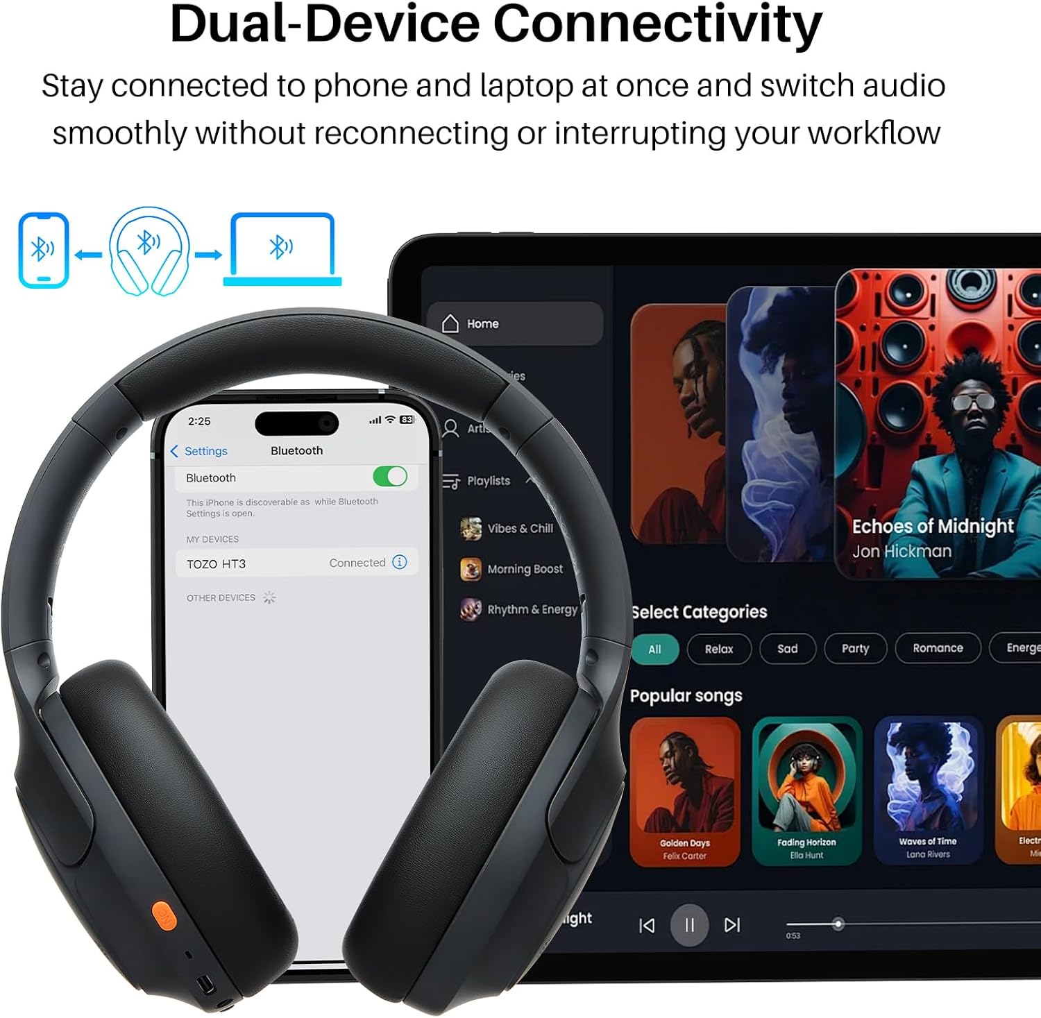 TOZO HT3 Hybrid Noise Cancelling Headphones, 90H Battery Life Wireless Over Ear Bluetooth 6.0 Foldable Headset, AI Voice Assistant with 5 Mics, Connect 2 Devices and Hi-Res Sound, 32 EQ Audio Presets - Image 6