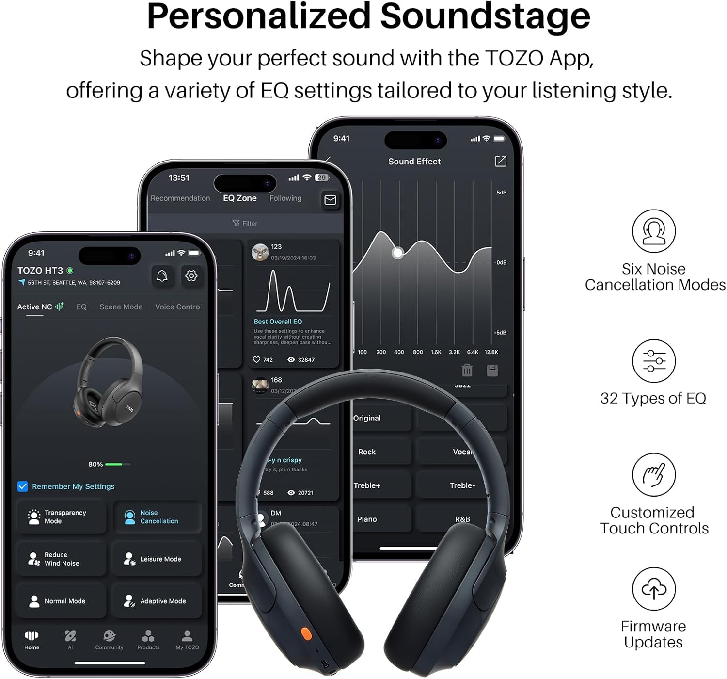 TOZO HT3 Hybrid Noise Cancelling Headphones, 90H Battery Life Wireless Over Ear Bluetooth 6.0 Foldable Headset, AI Voice Assistant with 5 Mics, Connect 2 Devices and Hi-Res Sound, 32 EQ Audio Presets - Image 7
