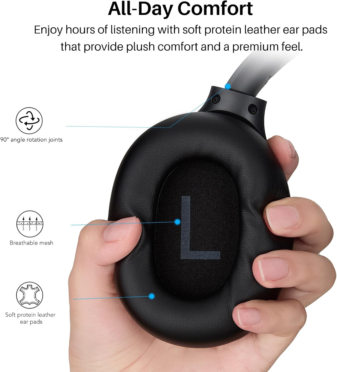 TOZO HT3 Hybrid Noise Cancelling Headphones, 90H Battery Life Wireless Over Ear Bluetooth 6.0 Foldable Headset, AI Voice Assistant with 5 Mics, Connect 2 Devices and Hi-Res Sound, 32 EQ Audio Presets - Image 8