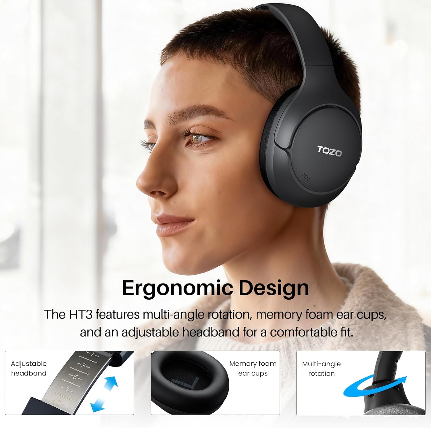 TOZO HT3 Hybrid Noise Cancelling Headphones, 90H Battery Life Wireless Over Ear Bluetooth 6.0 Foldable Headset, AI Voice Assistant with 5 Mics, Connect 2 Devices and Hi-Res Sound, 32 EQ Audio Presets - Image 9